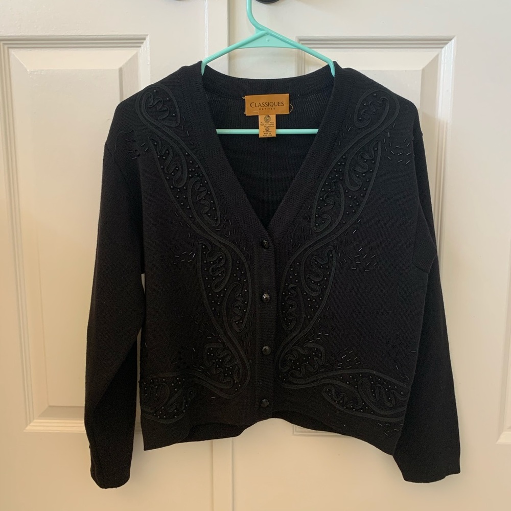 Merino Wool Black Embroidered Cardigan Jacket